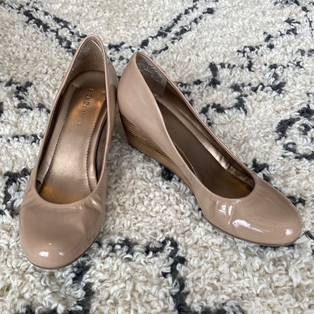 BCBGeneration Patent Faux-Leather Wedge Heels in Nude - Size 8.5